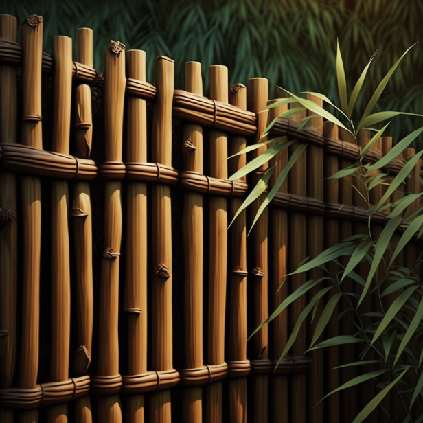 A bamboo roll fence in a backyard setting