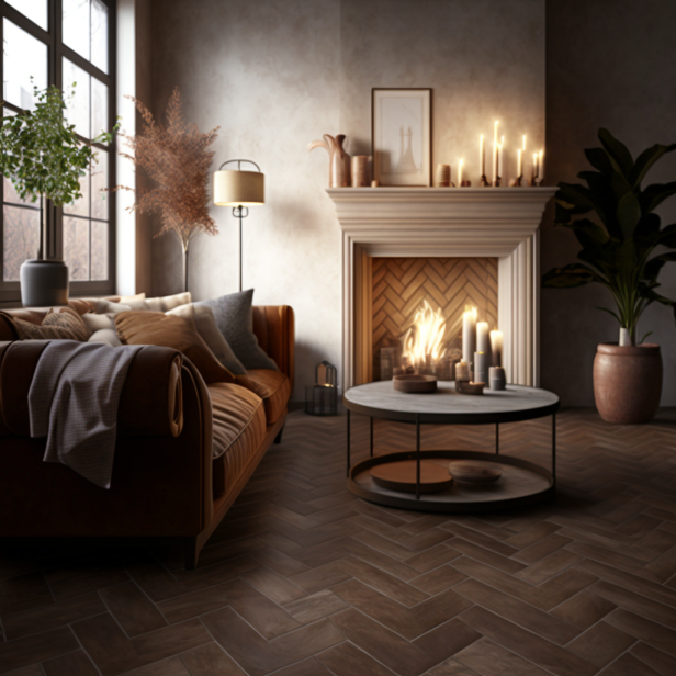Living room with brown tile flooring in a herringbone pattern, featuring a beige sofa, a wooden coffee table, and a fireplace with vases and candles on the mantel