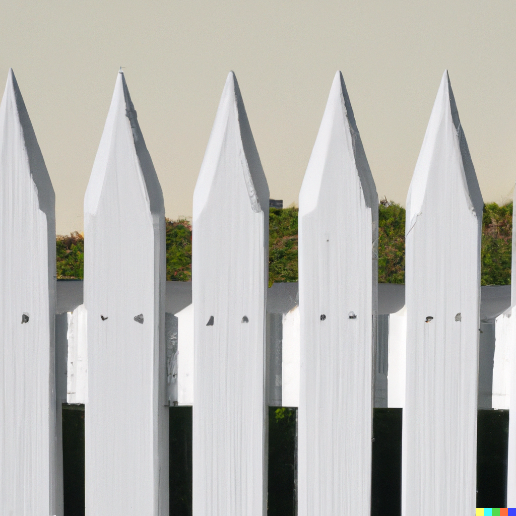 A white picket fence with pointed tops.
