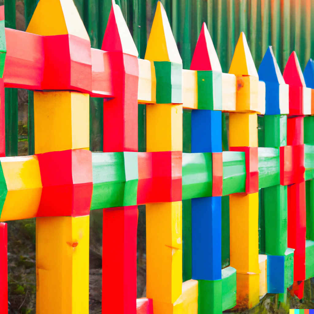 A fence with brightly colored geometric shapes painted on it.