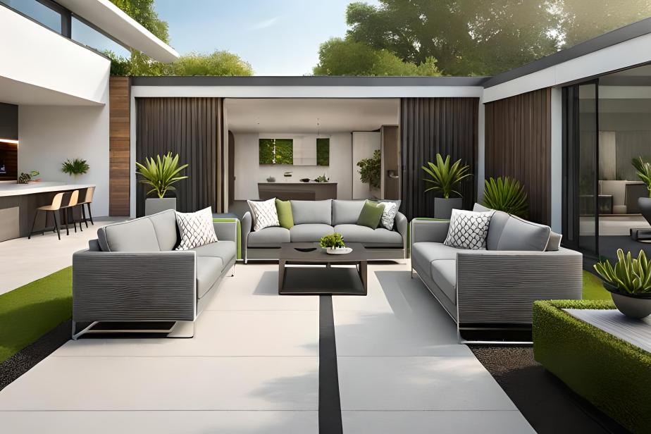 Grey accents in a modern garden design.