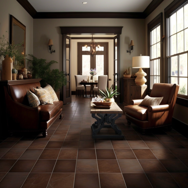 Living room with brown porcelain tile flooring in a simple grid pattern, featuring a dark brown leather sofa, a wooden console table, two beige accent chairs, and a large artwork on the wall. A patterned rug coordinates with the color of the tiles