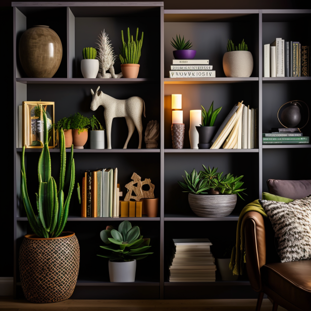 A freestanding shelving unit with a mix of open and closed storage options, books, decorative items, and plants.