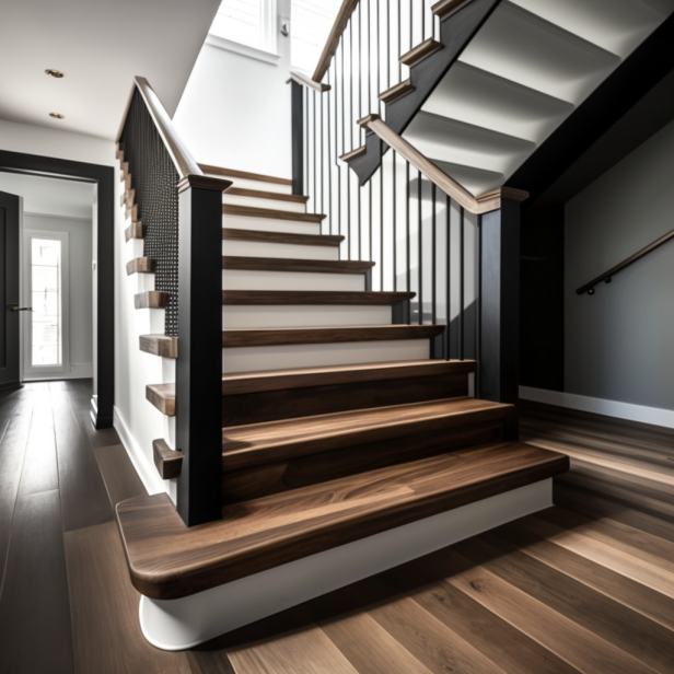 A photo of a custom hardwood staircase with dark wood treads and white risers that match the surrounding hardwood flooring.