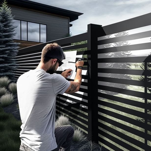 A person installing a modern fence in their backyard as a DIY project.