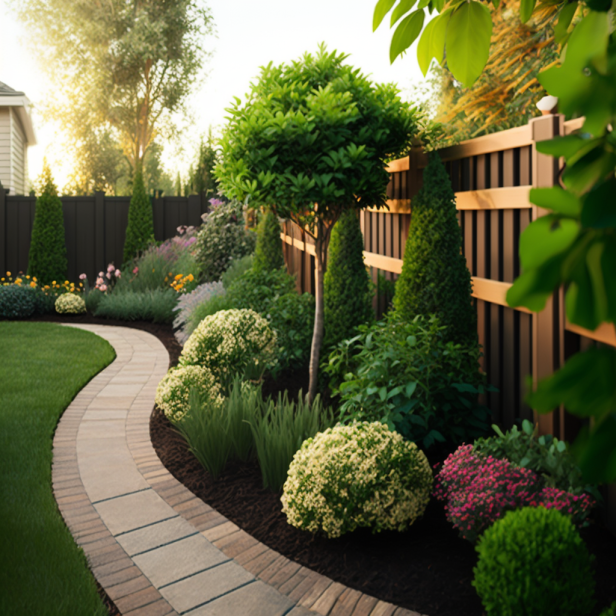 Evergreen shrubs create a natural barrier for backyard fence line landscaping. Tall, lush, and green, the shrubs add privacy and a beautiful backdrop to the outdoor space. A garden path winds through the shrubs, leading to a cozy seating area in the distance