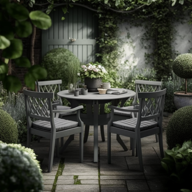 Grey garden furniture, including a table and chairs, surrounded by green foliage.