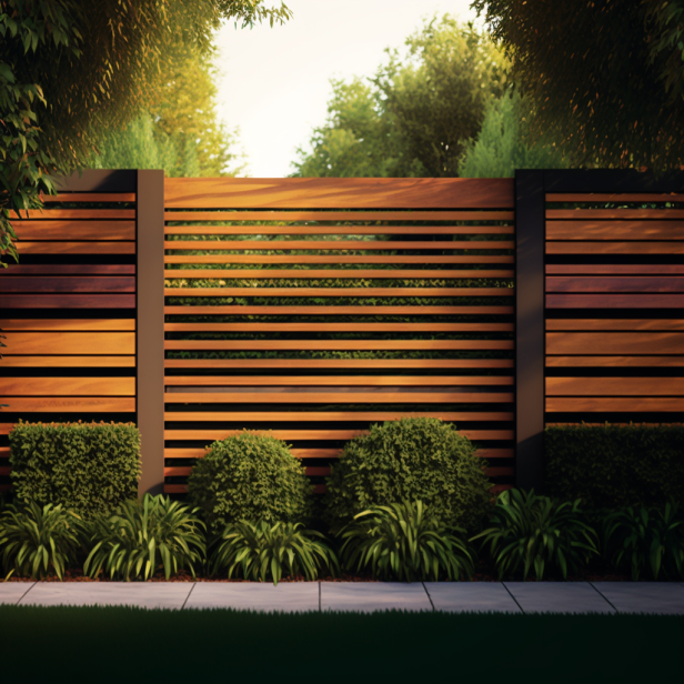 A modern, horizontal slat wood fence in a backyard setting