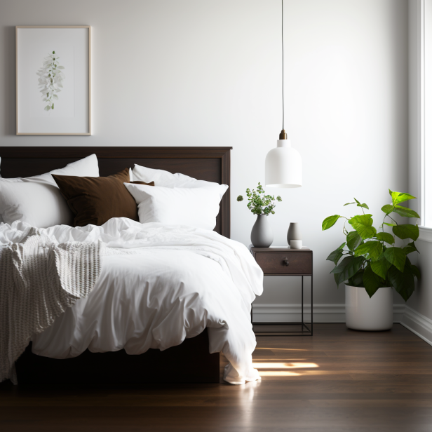 Modern minimalist bedroom with dark oak flooring, simple bed with white bedding, and a minimalistic nightstand.