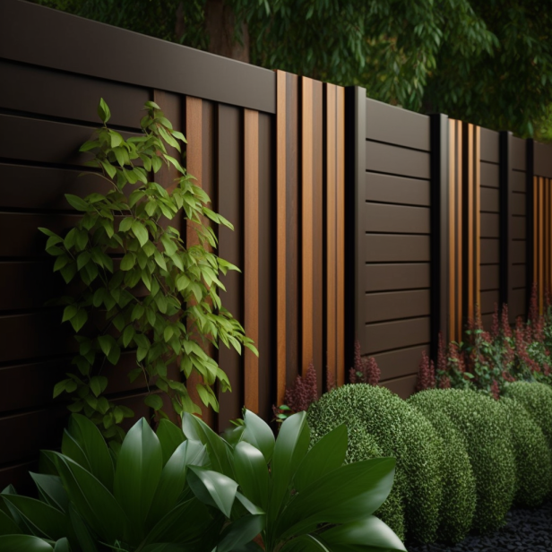 A photo of a modern garden fence featuring wood panels and sleek lines.