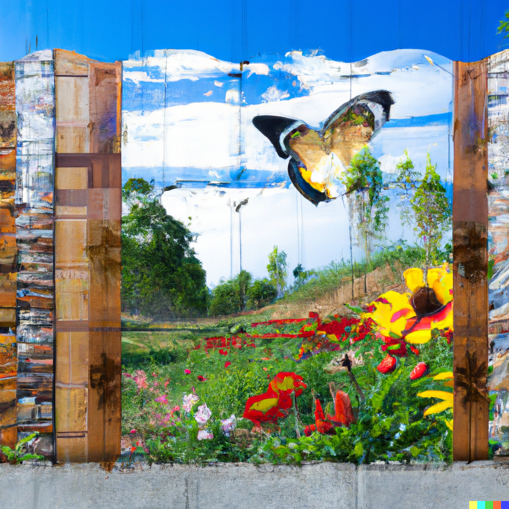 A fence with a painted nature scene of trees, mountains, and a sunset.