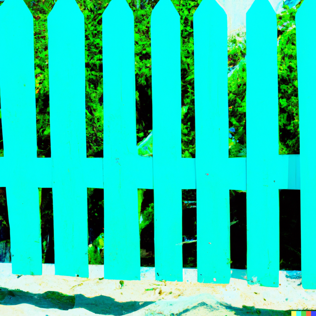 A fence that fades from a light blue at the top to a bright green at the bottom.