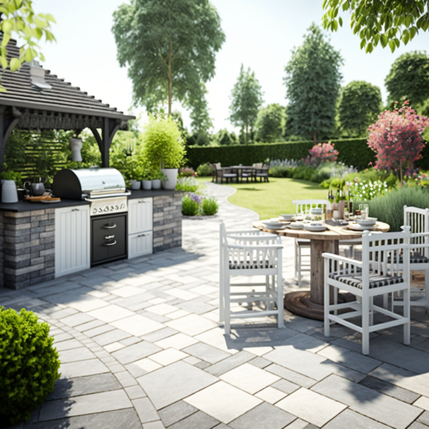 Outdoor barbecue island with a built-in grill and seating area, perfect for entertaining guests in your garden.