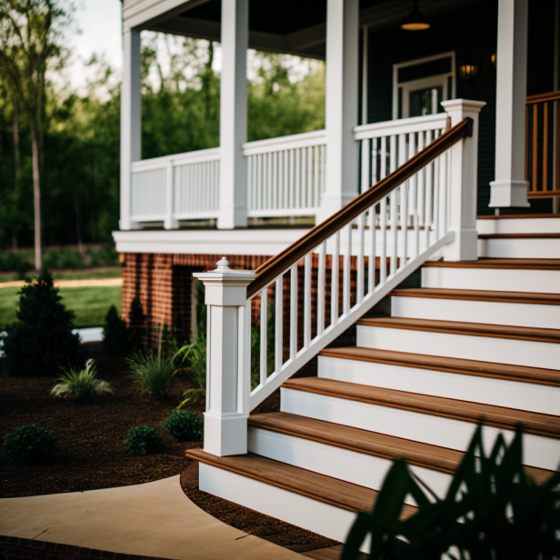 A photo of an outdoor wood staircase leading up to a porch with natural wood finish and white railings. The staircase blends seamlessly into the surrounding landscape and offers a warm and inviting feel to the home.