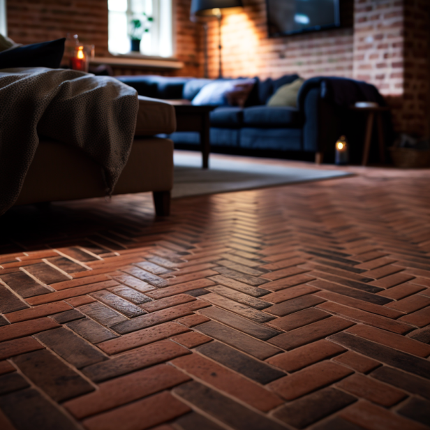 A close-up of red brick flooring in a living room with a cozy and rustic feel