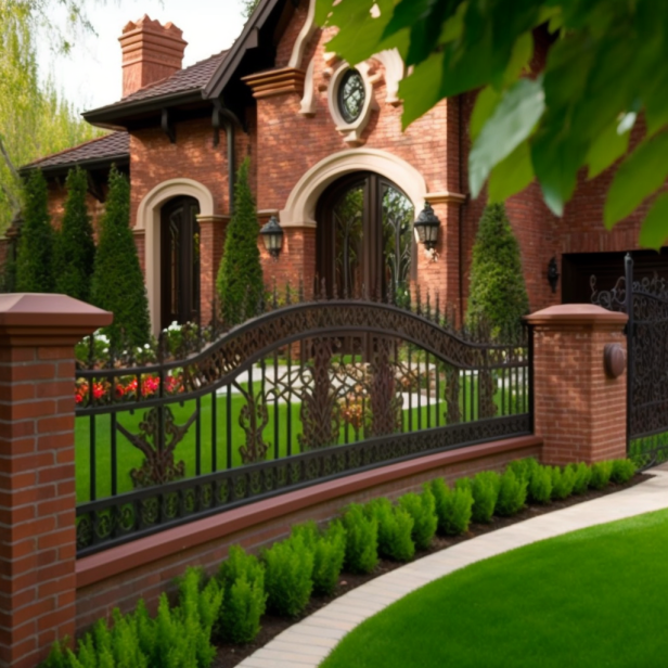 A red brick front fence with decorative wrought iron inserts. The fence is a classic and elegant design that complements the surrounding landscaping. The intricate details of the wrought iron inserts add an extra layer of visual interest and provide additional privacy and security for the property