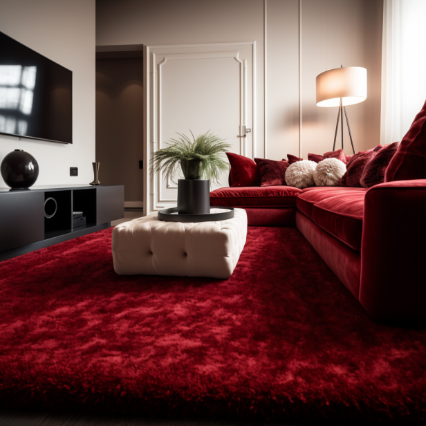 A modern living room with deep red carpeting, adding a luxurious and cozy atmosphere.