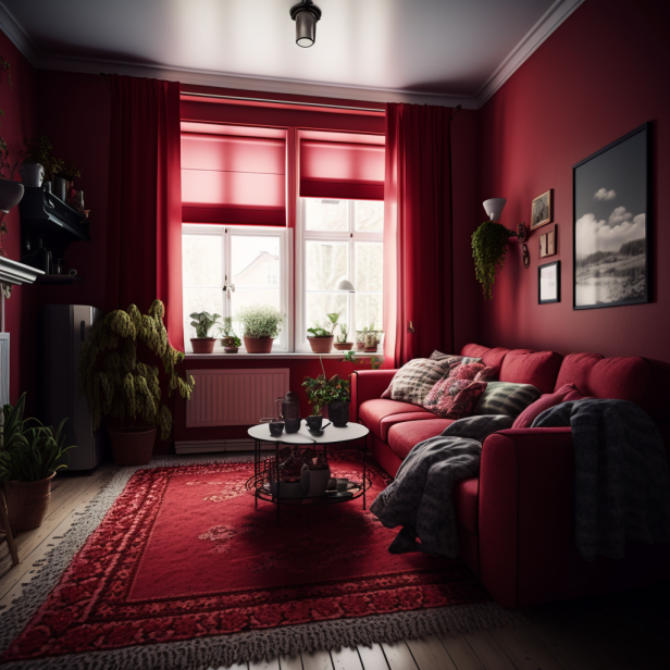 Red Living Room Decor with Red Sofa and Red Rug, featuring red curtains, red cushions, and red wall art.