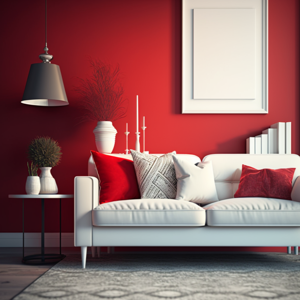 Red Living Room Decor with White Sofa and Red Accent Wall, featuring a red rug, red cushions, and red wall art.