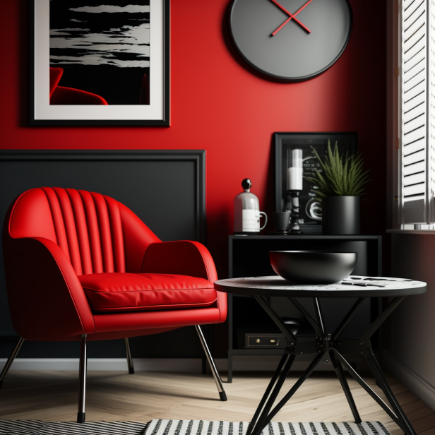 Red and Black Living Room Decor with Red Chair and Black Coffee Table, featuring a red and black rug, red and black wall art, and black lamps.