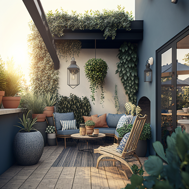 A rooftop terrace with hanging plants and cozy outdoor furniture, creating a peaceful and inviting atmosphere.