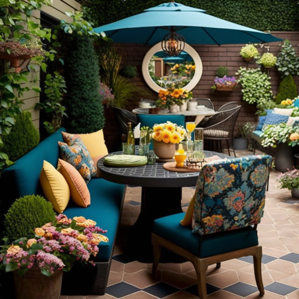 A split level patio design in a north facing garden, featuring built-in seating and privacy screens made of tall shrubs and lattice panels. The patio is surrounded by lush, green foliage and features pops of warm colors in the furniture and decor, creating a cozy and secluded outdoor space.