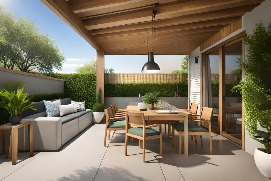 North facing garden patio with wooden furniture and potted plants.