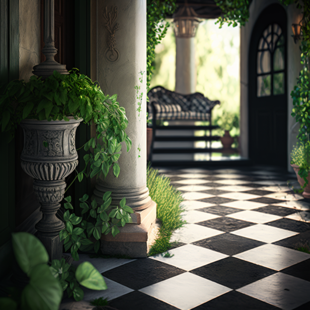 A porch with stone tiles arranged in a checkerboard pattern and surrounded by greenery