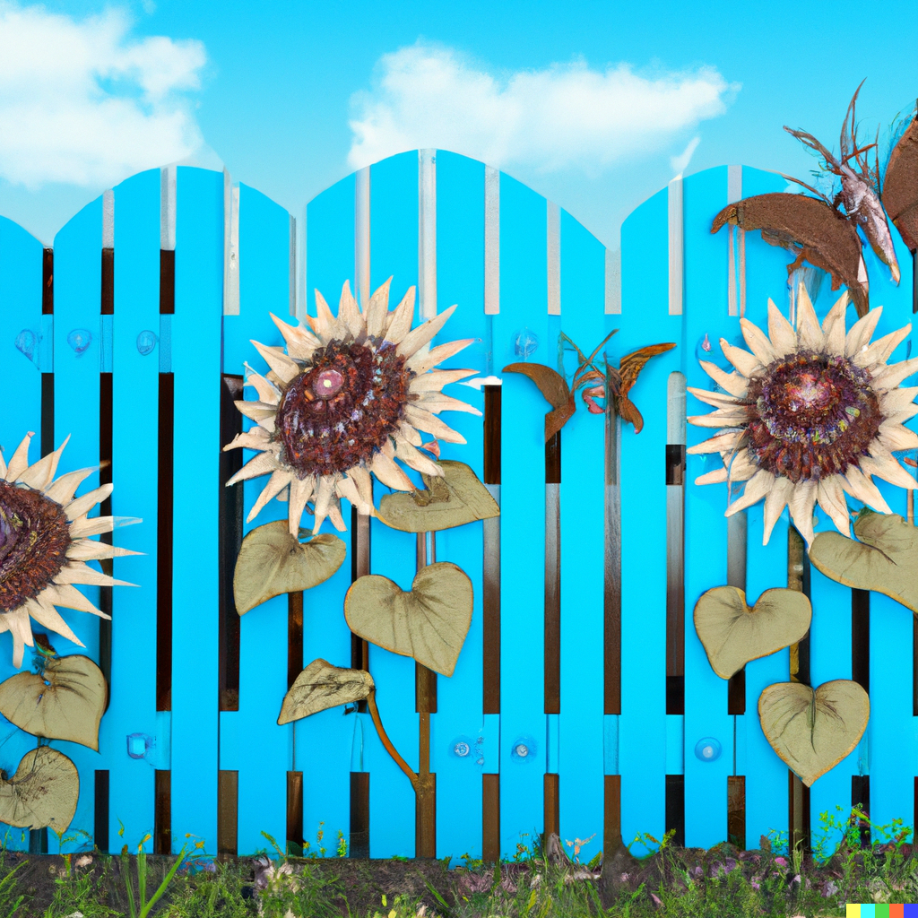 A fence with stenciled sunflowers and dragonflies painted on a light blue background.