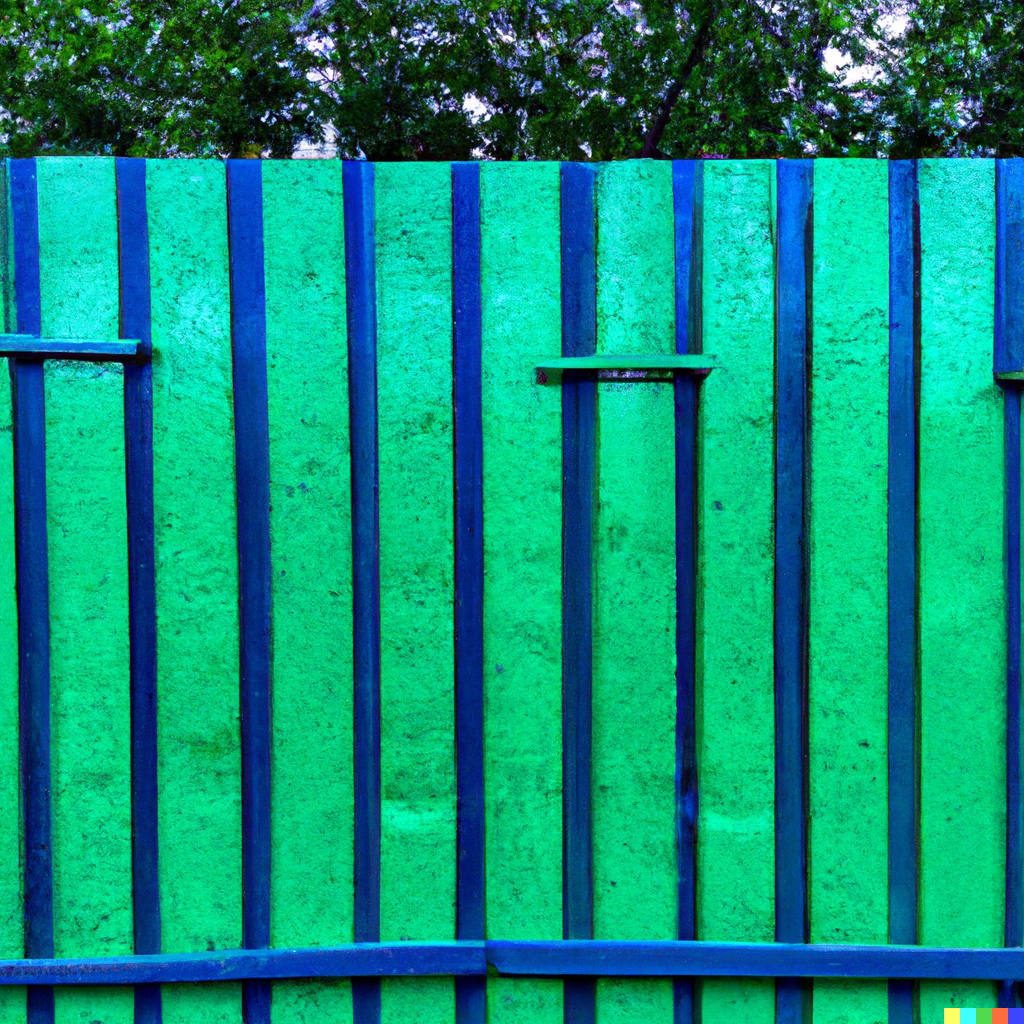 A fence with vertical stripes in alternating shades of blue and green.