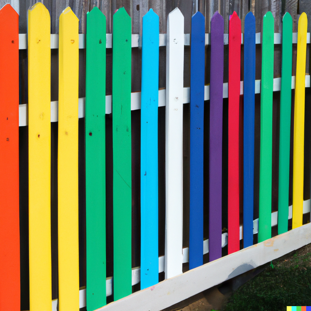 A fence with slats painted in a rainbow of colors, including red, orange, yellow, green, blue, and purple.