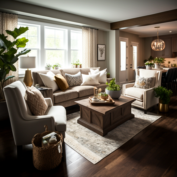 Warm and inviting living room with dark oak flooring, neutral colors, comfortable seating, and accent pillows.