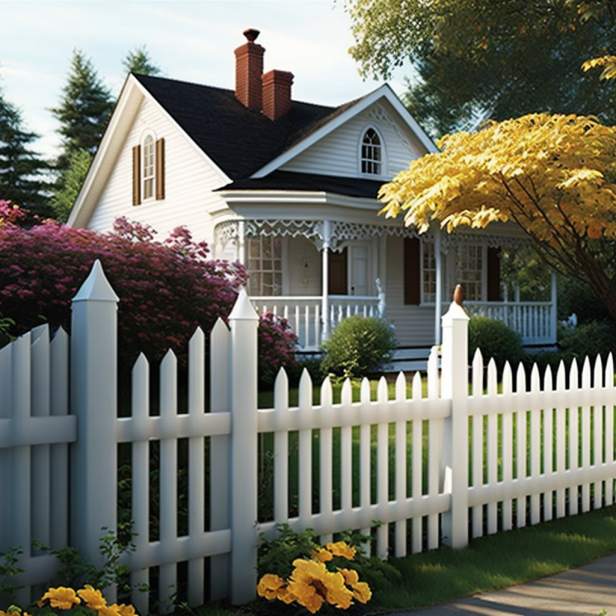 A white vinyl fence with evenly spaced pickets in a backyard setting.