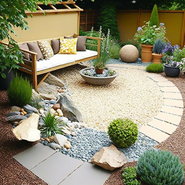 A completed loose material patio featuring sections of gravel, sand, mulch, and pebbles arranged in a visually appealing pattern, surrounded by a garden with some plants and flowers. The photo is taken from a bird's eye view and showcases the size and shape of the patio.