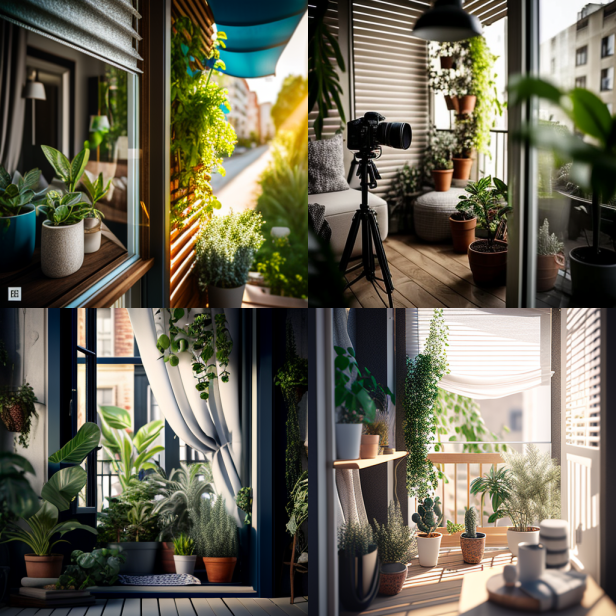 A balcony with various privacy solutions such as plants, screens, and curtains, representing the 10 balcony privacy ideas.