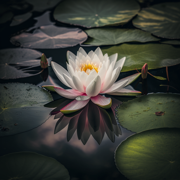 A photo of a water lily with its pink and white petals floating on the surface of a pond, surrounded by green foliage.