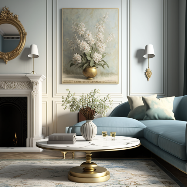 A light blue sofa with white cushions, a gold coffee table with a marble top, a cream rug with flowers, a brass floor lamp, and a framed painting on the wall.
