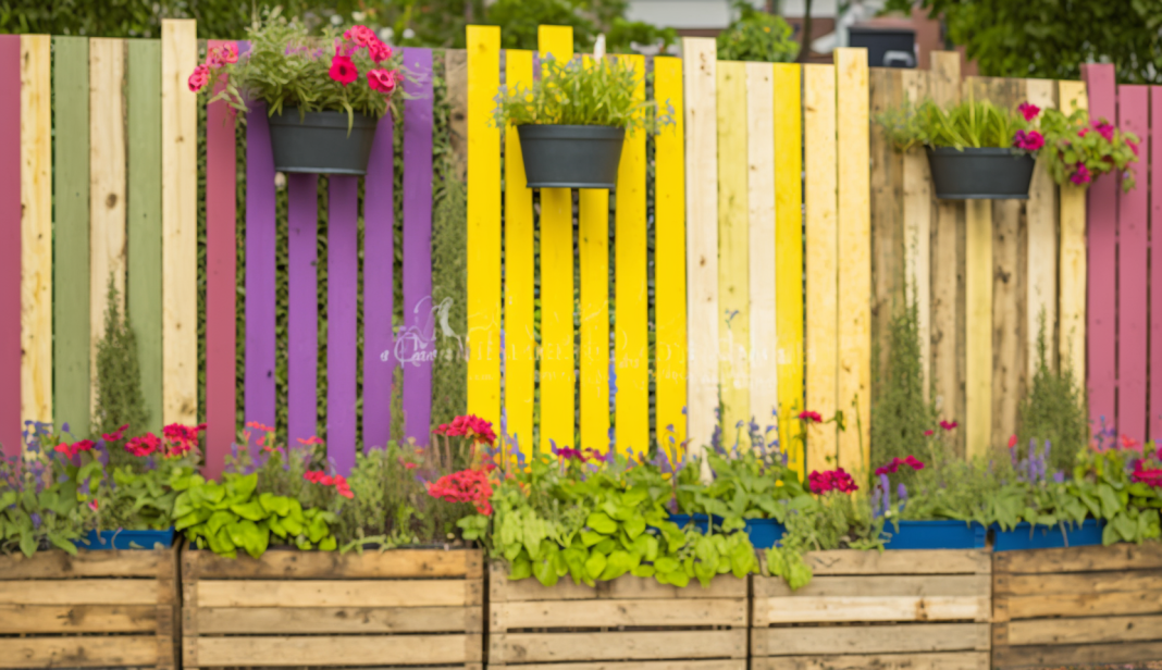 Recycled pallet wood vegetable garden fence with colorful potted plants