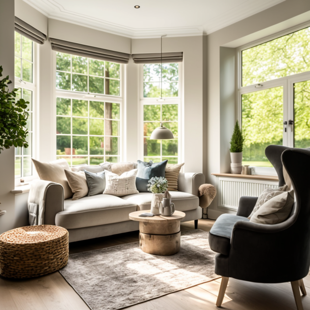 A contemporary living room with a bay window and comfortable seating