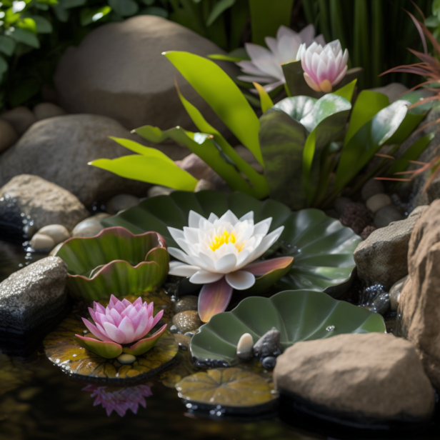A photo of a water feature with different types of water garden plants, including water lilies, lotus, and water hyacinth, surrounded by rocks and greenery.