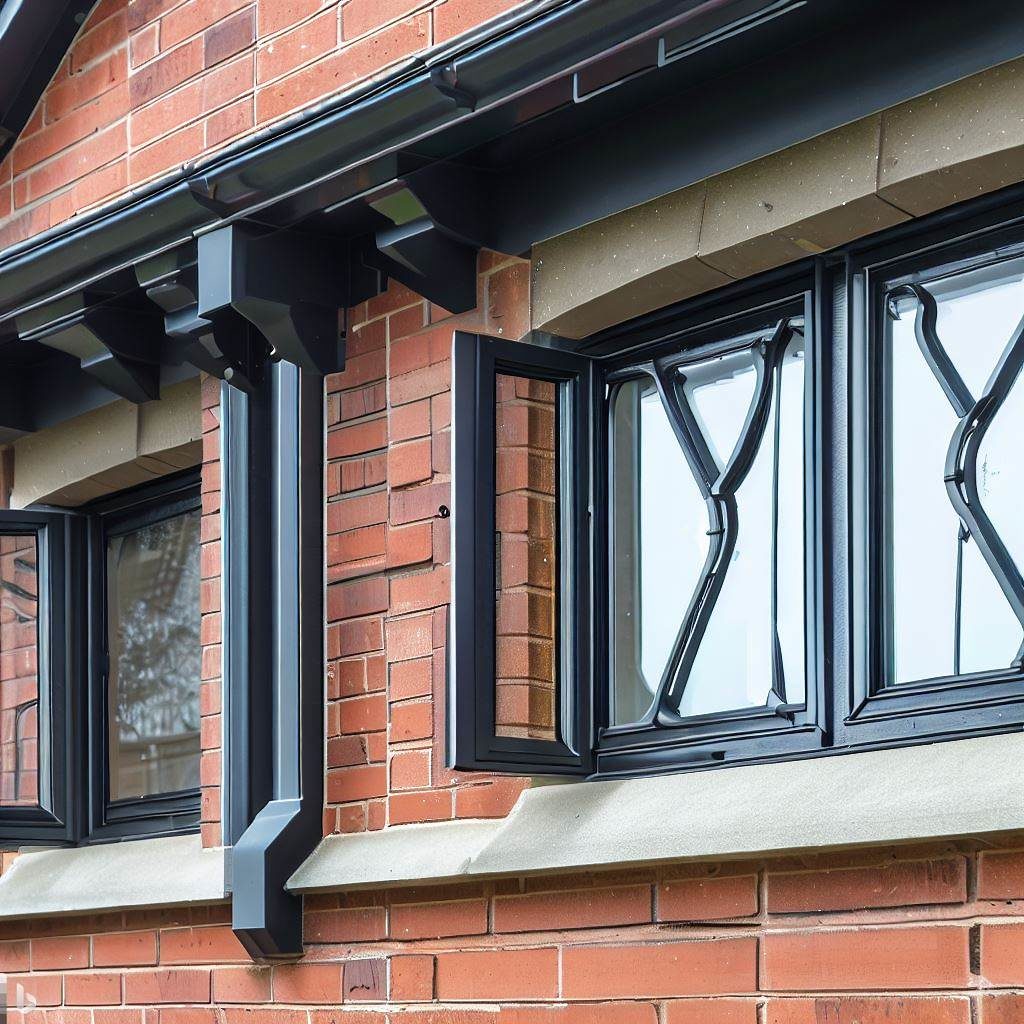 Detail of black steel-framed casement windows on a traditional red brick home