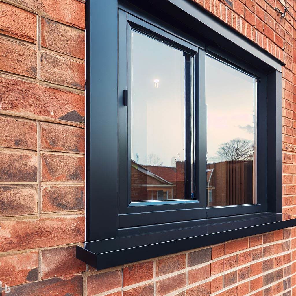 Newly installed black window on a brick home exterior, highlighting flawless integration and craftsmanship
