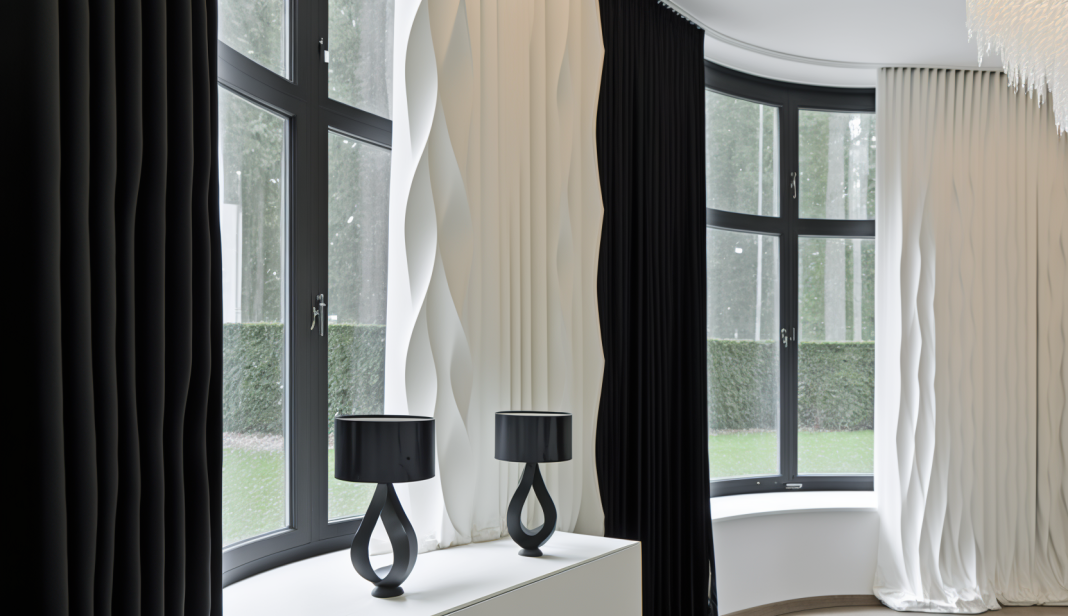 Stylish window treatments in a black and white house with large windows
