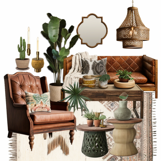 A selection of bohemian furniture pieces, including a leather sofa, a wooden coffee table, a rattan chair, and a brass lamp, with a vintage and eclectic vibe.