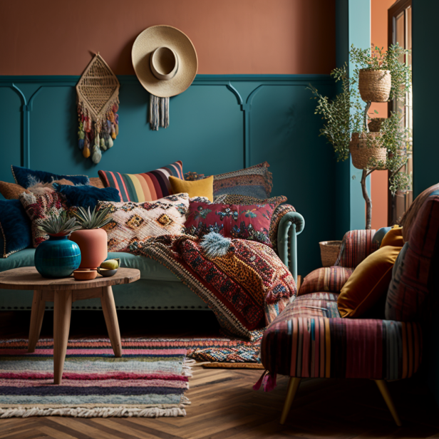 A cozy and colorful bohemian living room with a patterned rug, mix of cushions, and textured throw blanket.