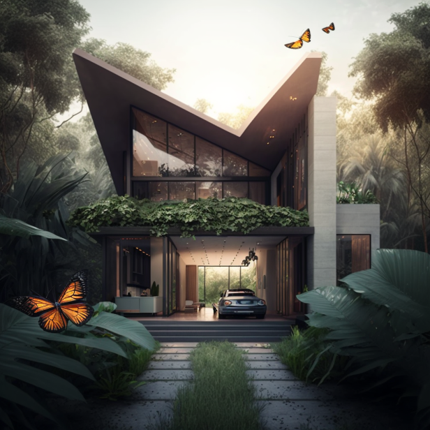 Modern home design featuring a butterfly roof, showcasing sustainable architecture and energy efficiency.