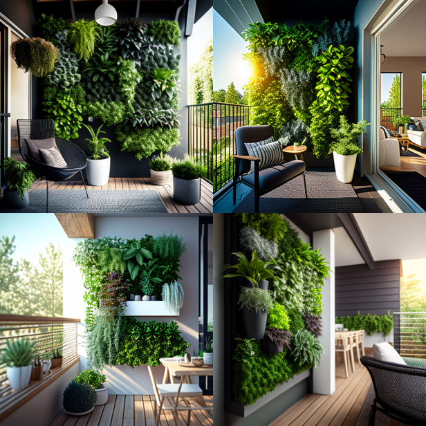 A living wall system on a balcony holding a variety of plants in a vertical arrangement for privacy and beauty.