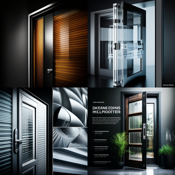 A series of images showcasing the different materials and features available for modern doors, including glass, metal, built-in blinds, and advanced locking mechanisms.