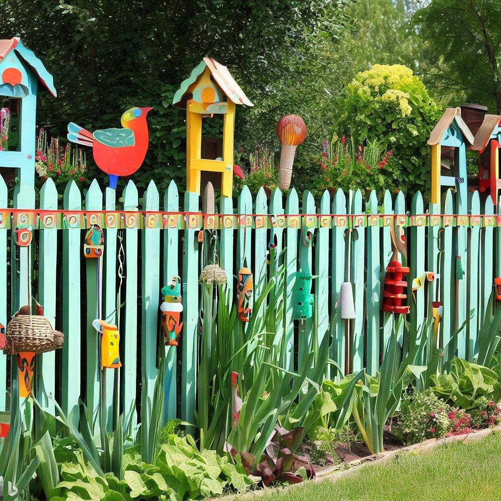 Painted wooden picket vegetable garden fence with birdhouses and hanging ornaments