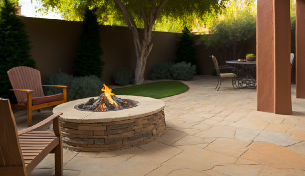 Rustic flagstone patio with custom-built fire pit and wooden seating.